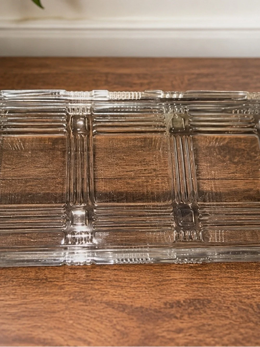 Vintage Clear Pressed Glass Refrigerator Dish With Lid Art Deco Geometric